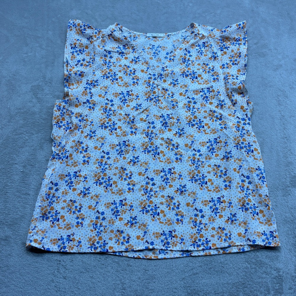 Pleione Blouse Womens L White Floral V-Neck Flutter Sleeve Top Boho Ditsy Floral